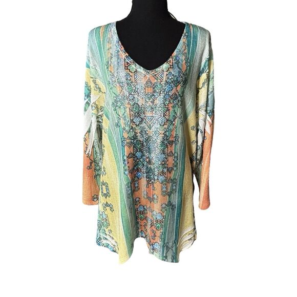 Reba Rhinestone Geometric Blouse Top 3/4 Sleeve V-Neck - Picture 1 of 8